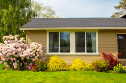 image of a house with bushes and flowers in front of it.