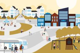 a streetscape surrounded by housing and parks, and used by pedestrians, bikers, and a bus