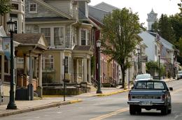 A pick up truck drives through main street in Kutztown, Pennsylvania.