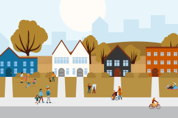 A lively neighborhood with five colorful houses and apartment buildings and diverse people enjoying outdoor activities together.