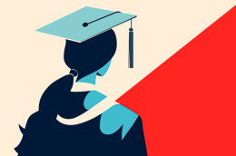 A modern illustration of a female graduate looking off into the distance, her back turned to the viewer. The graphic is in tan, red, blue, and black.