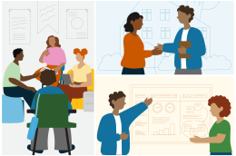 The picture shows multiple young people in three different settings. First, a group of youth are at at table planning a meeting. On the top right corner, two young people are shaking hands and talking. In the bottom right, two youth are presenting data findings.