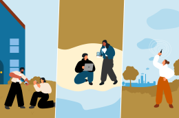 pairs of people testing soil quality, water quality, and air quality 