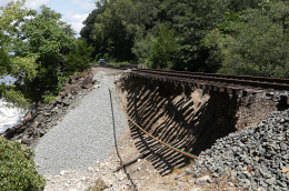 A section of railroad track where the supporting embankment has washed away, leaving the rails and wooden ties suspended above an eroded slope.